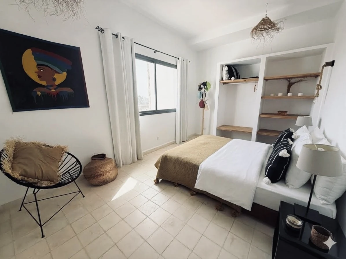 La chambre noir et blanc avec son lit double